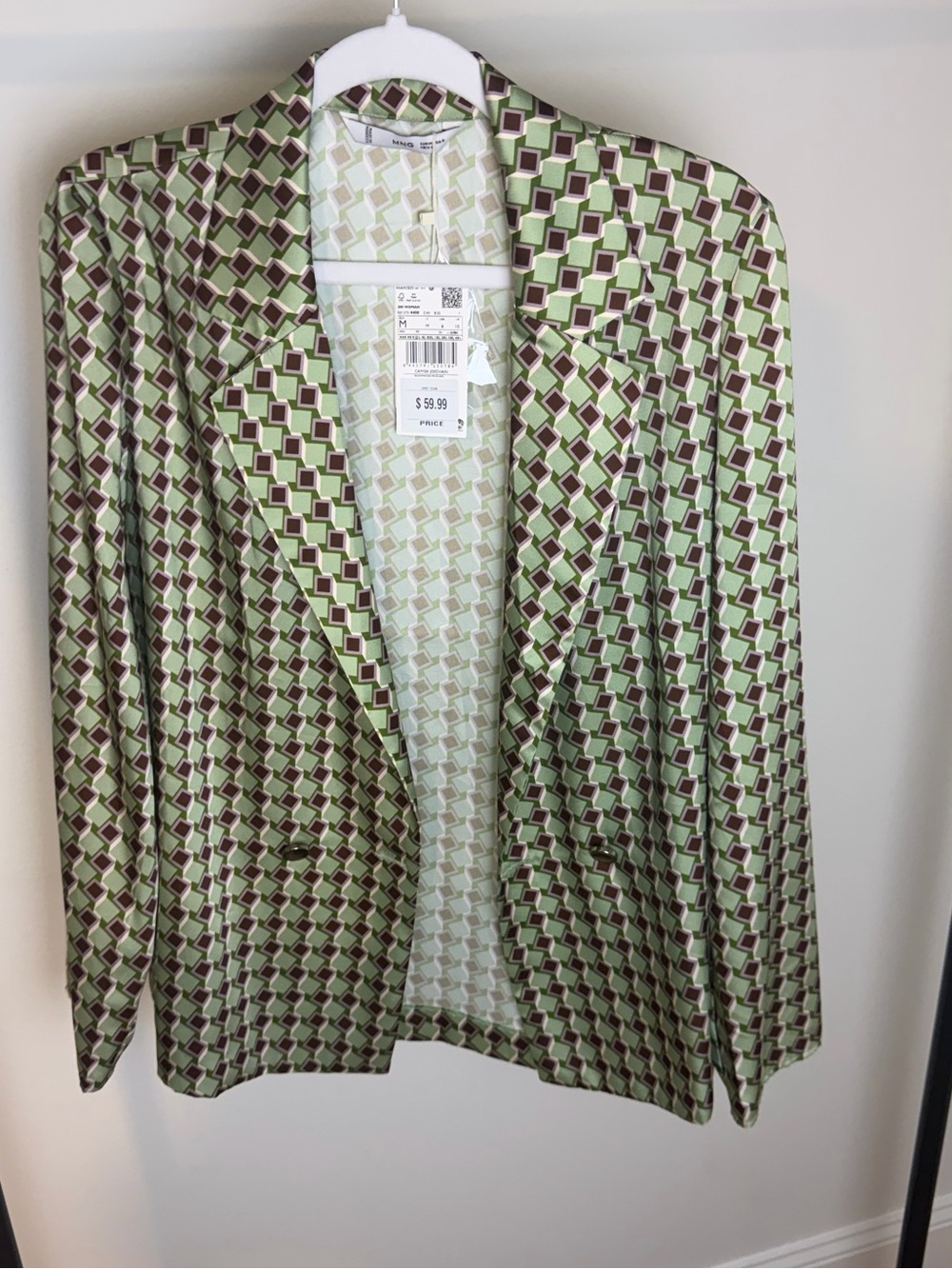 Mango Geometric Print Blazer in Light Green and Brown